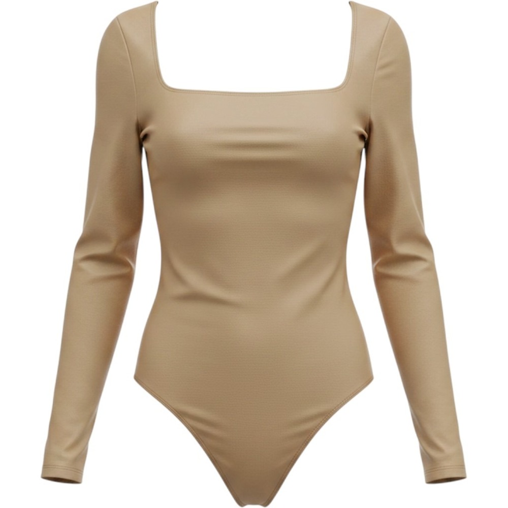 Babaton Contour Square Neck Long Sleeve One Piece Bodysuit Gold Tan Medium Satin